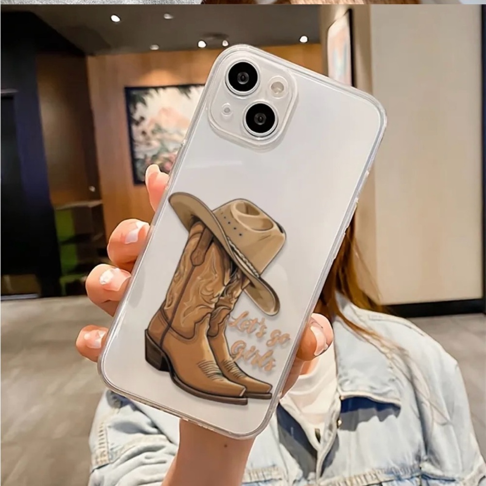 Apple iPhone Phone Case Transparent Cowgirl Hat & Boots Pattern TPU Case